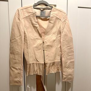 Pinko Light Pink Leather Jacket with Ruffle Hem